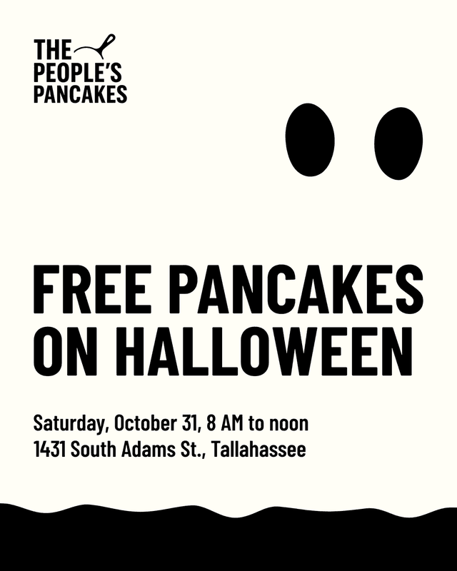 Halloween flyer: free pancakes on Halloween, Saturday, October 31, 8 AM to noon, 1431 South Adams St., Tallahassee.
